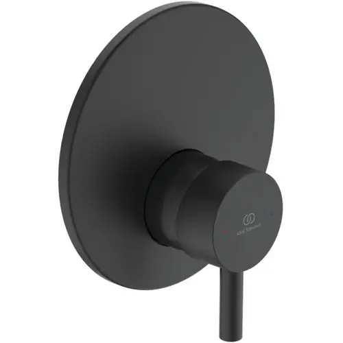 Wandmontierte Brausearmatur in Schwarz mit einer runden Plattenoberfläche und einem Drehregler von Ideal Standard. Zwei Indikatoren für heißes und kaltes Wasser.